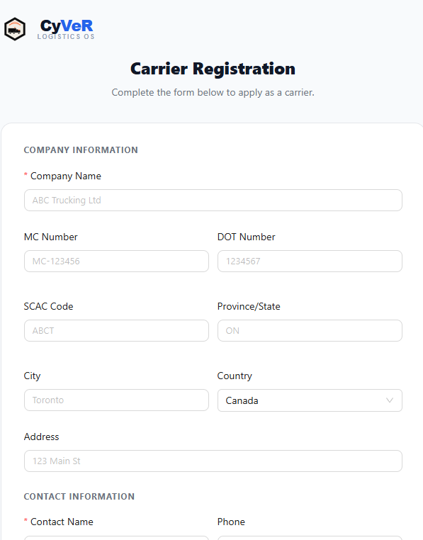 CyVeR carrier registration application